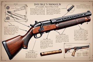 board with a detailed assembly instruction of a double barrel sawn off shotgun, written descriptions, arrows and sketches