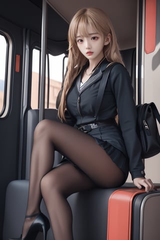 1 girl, beautiful face, face focus, solo, thighs, high heels, tight secretary skirt, looking at viewer, bag, sitting, skirt, backpack, blond hair, jacket, train interior, up skirt, long hair, bangs, lips parted, office uniform, cameltoe, more details, Secretary_uniform,high heels, stockings,black pantyhose,japanese girl, ,black_footwear,girl,kathrynnewton,leg_spread,knees up and sitting
