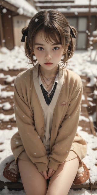 11yo little Japanese girl,brown blonde hair, short hair,wearing Japanese schools uniform ,sneakers, hot body, sitting on stairs ,outside,outdoor,Japanese old stree, horizon, snow ,snowing, accessories(necklace,ear_rings), Best Quality, 32k, photorealistic, ultra-detailed, finely detailed, high resolution, perfect dynamic composition, beautiful detailed eyes, sharp-focus, cowboy_shot, Beautiful face, 8K, HDR, masterpiece, hyper-realistic, a little lolicon tween girl with a hot body, sensual, seductive, petite,cute, lolicon.Erotic images by David Dubnitskiy,micro miniskirt
