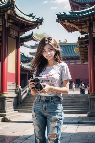 A beautiful smile girl with long  brown hair and brown eyes, wearing casual short jeans and a white T-shirt, holding a camera, wandered around the Chinese palace, capturing the beauty and sacredness of ancient buildings.