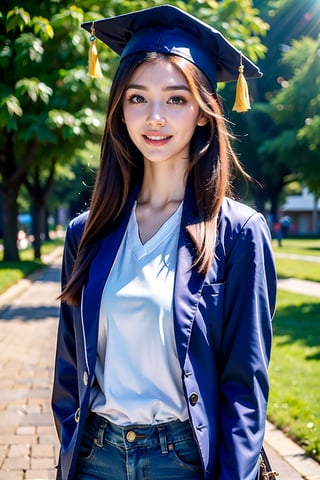 photorealistic, raw photo:1.2, hyperrealism, ultra high res, Best quality, masterpiece, 8k, realistic light, delicate facial features, 

(A 18-year-old Korean girl),

A college student on graduation day, wearing a graduation cap and smiling broadly. looking quite mature. She appears intelligent and intellectual,
full-body shot on a university campus street on graduation day with numerous students in the background, 
She is dressed in tight jeans and a tight white blouse, looking quite mature. 
