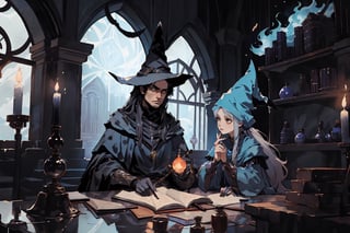 Two wizards in an alchemy lab the predominant color of the image is black with dark blue lights and dimmed tones. 

The first wizard is a gentle looking man, broad shoulders with long dark hair a clean shave. He should be wearing a flowing robe and a pointy hat, both adorned with intricate patterns and symbols. The man wizard should have a wise and happy expression on his face, reflecting his deep knowledge of magic while he is practicing his blue fire spells using his hands.

The second wizard is a girl with long black hair tied in a ponytail, brown eyes. She should also be wearing a robe and a pointy hat, but with a slightly different design from the man wizard. Her robe and hat should have a touch of playfulness and uniqueness. The girl wizard should have a determined and focused expression, showcasing her determination and skill in using magic while she brews a potion in a stand for the potion bottle.

The lab should be dark and mysterious in a dark night, with towering columns and bookshelves, as well as trinkets and charms, a complete alchemy lab with a window showing the blue moonlight. The atmosphere should be filled with a sense of wonder and enchantment from all the things in the room.

Please use your creativity and imagination to bring this dark fantasy wizard lab and the two wizards to life. Feel free to incorporate any additional elements or details that you think would enhance the overall magical ambiance of the scene.