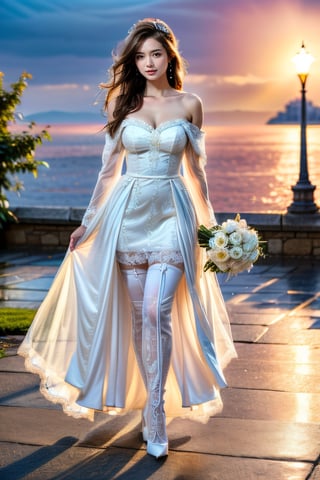 (perfect prompt word,exquisite texture in every detailfinely detailed,highres 32k wallpaper,(HDR:1.4),(Vivid Color:1.4),ultra highres,masterpiece,ultra realistic，The atmosphere is captured in high grain, reminiscent of ISO 800 film with wide angle.real girls, photorealistic，REALISM)，bridal veil,
((brown hair),(very long hair),(hair between eyes),(floating hair)),
cleavage,
closed mouth smile,
collarbone,
curvy,
((grey high heels)),
((hair white flower)),
holding bouquet,
long legs,
looking at viewer,
medium breasts,
mole under eye,
off shoulder,
outdoors,
solo,
standing,
((transparent lace thighhighs)),
((white wedding dress),(long dress),(strapless dress),(off-shoulder),(front split)),
((white flower))