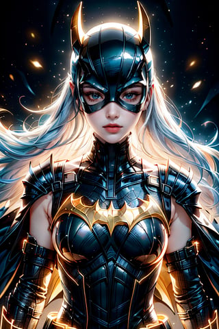 (perfect prompt word,exquisite texture in every detailfinely detailed,highres 32k wallpaper,(HDR:1.4),(Vivid Color:1.4),ultra highres,masterpiece,ultra realistic，The atmosphere is captured in high grain, reminiscent of ISO 800 film with wide angle.real girls, photorealistic，REALISM)，
((Batgirl suit)),
dou,
full armor,
glowing halo,
humanoid robot,
kabuto (helmet),
kusazuri,
looking at viewer,
solo,
split theme,
suneate,
((white and black armor),(shoulder armor),(pauldrons),(japanese armor)),
((white eyes),(glowing eyes)),
((white hair),(very long hair),(floating hair)),