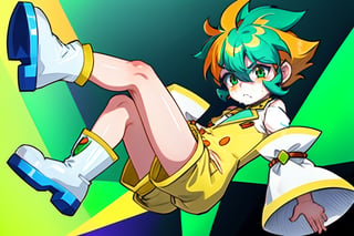 yutendo, 1boy, yellow shirt, white tunic (sky blue sleeve ends), green eyes, orange hair, fluffy hair, pale skin, white shorts (knee-length), lapels with lime green markings, white boots,apathetic face, looking atviewer, best quality, amazing quality Desnudo, Bukkake Sexo