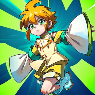 yutendo, 1boy, solo, yellow shirt, white tunic (sky blue sleeve ends), green eyes, orange hair, fluffy hair, pale skin, white shorts (knee-length), lapels with lime green markings, white boots,apathetic face, looking atviewer, best quality, amazing quality , Nude , Nudity ,