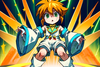 yutendo, 1boy, solo, yellow shirt, white tunic (sky blue sleeve ends), green eyes, orange hair, fluffy hair, pale skin, white shorts (knee-length), lapels with lime green markings, white boots,apathetic face, looking atviewer, best quality, amazing quality Desnudo, Bukkake