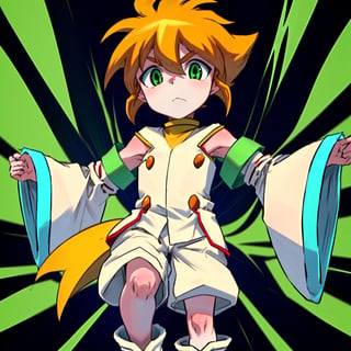 yutendo, 1boy, solo, yellow shirt, white tunic (sky blue sleeve ends), green eyes, orange hair, fluffy hair, pale skin, white shorts (knee-length), lapels with lime green markings, white boots (mid-calf length),apathetic face, looking atviewer, best quality, amazing quality , Nude , Nudity ,