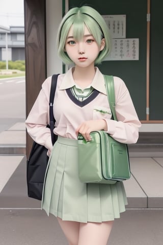 A teenage Japanese girl with short pastel green hair, wearing a Japanese school uniform, carrying a lunchbox.
