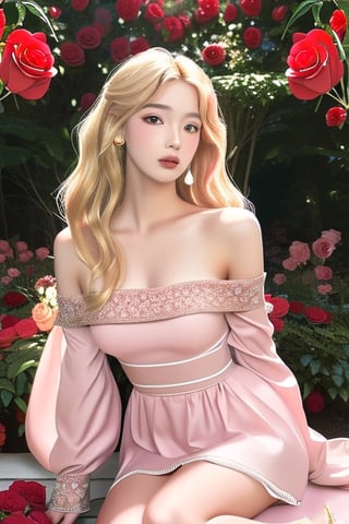 A woman with long wavy blonde hair and flowers as an accessory wearing an off-shoulder pastel pink bridal dress sits in a garden of red rose flowers. Virtual images, 24k