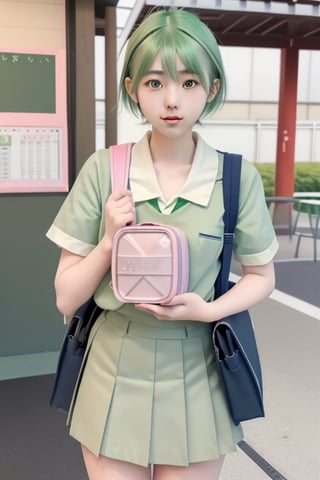 A teenage Japanese girl with short pastel green hair, wearing a Japanese school uniform, carrying a lunchbox.