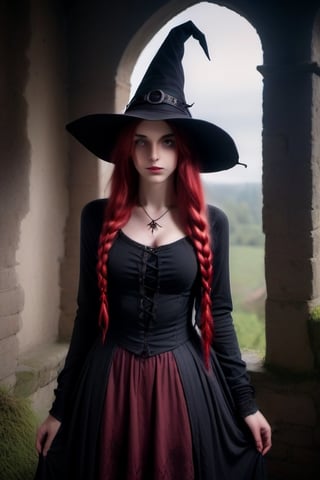 A young European witch with long crimson braids, wearing a black witch hat and a mysterious black witch skirt, posed for a photo in an old castle.