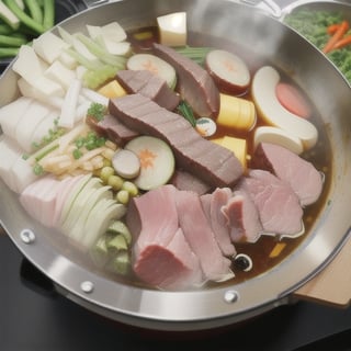 The sukiyaki pot has many vegetables in the pot and the meat is boiled in boiling water.