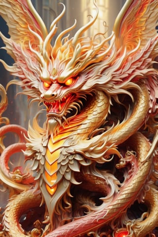 create fallen archangel,detailed angel wins, bloodlust, red glowy eyes, eerie, creepy, nightmarish, very bright colors, light particles, wallpaper art, cosmic energy,high detailed,dragon chinese,golden dragon