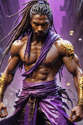 illustration, paint on old parchment paper, man ninja, (((stunningly handsome african man))), long black and white dreadlocks. 25 years old. Eyes, purple_eyes, serious and caring face, cute. Perfect lips, in the rain, wet skin. sword, xxmix_man, detailed eyes, handsome face, wide nose, slim eyes, very muscular body, toned body, nice legs, toned legs, full body, cinematic lighting from behind, purple neon dust, purple neon glow, black ninja clothes with blue accent. futuristic hi-tech outfit, long purple neck scarf, dynamic pose, action, from below,ink scenery, black and purple colors only, pen and brush stroke, action_lines, motion_lines,dragon chinese,golden dragon