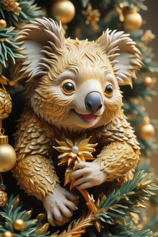 koala bear climing a Christmas tree, extreme detail, great realism, Miki Asai Macro photography, close-up, hyper detailed, trending on artstation, sharp focus, studio photo, intricate details, highly detailed, THM style,dragon chinese,golden dragon