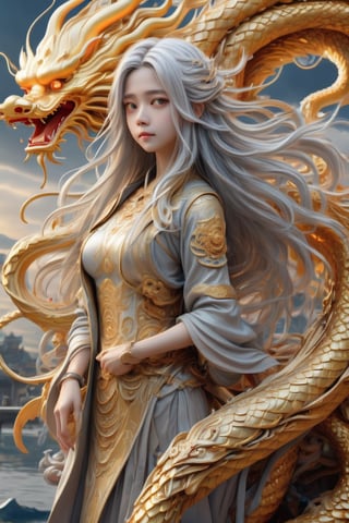 ((masterpiece)), ((best quality)), ((illustration)), extremely detailed,style girl, long shot, small breast,light grey very_long_hair, scifi hair ornaments, beautiful detailed deep eyes, beautiful detailed sky, beautifuldetailed water, cinematic lighting,dragon chinese,golden dragon