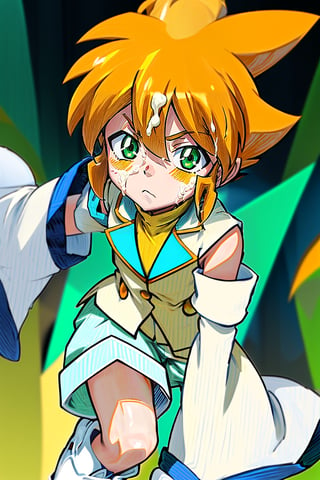 yutendo, 1boy, solo, Bukkake, yellow shirt, white tunic (sky blue sleeve ends), green eyes, orange hair, fluffy hair, pale skin, white shorts (knee-length), lapels with lime green markings, white boots (mid-calf length), close-up, apathetic face, looking at viewer, best quality, amazing quality,