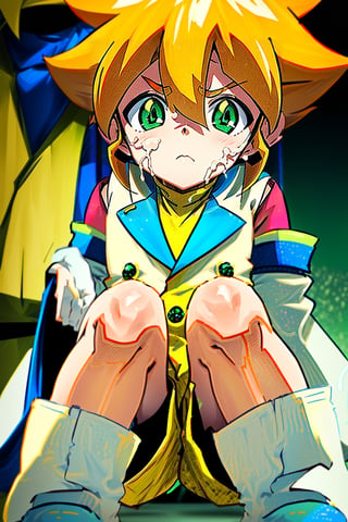 yutendo, 1boy, solo, Bukkake, yellow shirt, white tunic (sky blue sleeve ends), green eyes, orange hair, fluffy hair, pale skin, white shorts (knee-length), lapels with lime green markings, white boots (mid-calf length), close-up, apathetic face, looking at viewer, best quality, amazing quality,