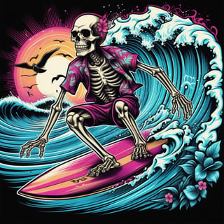 SKELETTON  SURFING IN A BIG WAVE, SUMMER DESIGN IN A TROPICAL BACKROUND VIBRANT COLOR for t shirt illustration in black background, hyper detailed. 4k, vector illustration, graphic, line art, vector graphics, centered and isometric image, tattoo design