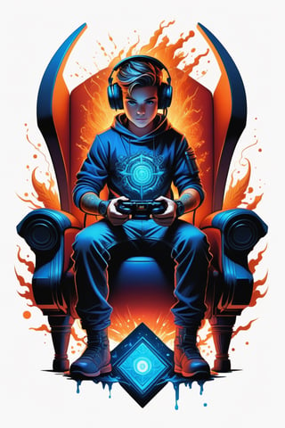 t-shirt design , bold drawing pen and ink, detiled lines, bold lines , image of A cute BOY  GAMER sitting in an arm GAMING CHAIR HOLDING A GAME PAD WEARING HEAD SET , SCIENTIFIC DRESS UP a formidable creature with sparks and power centered, symmetry, painted, intricate, volumetric BLUE CLOUD , SPLASH ART, beautiful, rich deep colors masterpiece, sharp focus, ultra detailed, in the style of dan mumford and marc simonetti,  , insanely detailed, 4k, trending on artstation, trending on artstation, sharp focus, studio photo, intricate details, highly detailed, by greg rutkowski, trending on artstation, intricate details, highly detailed, by greg rutkowski, WHITE BACKROUND, t- shirt design, bold drawing lines, define lines, highly detailed, creative illustration of an intricat medieval, 4k, digital painting, vector, color pallete of red, orange,WHITE,  blue bright color, fantasy art definition, intricat details, centered isometrict, logo style, tattoo designs, white backround