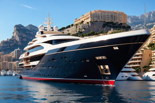  photograph of 512 feet long super yacht in monaco marina, cool, full yacht in frame, long yacht, highly detaited, 8k, 1000mp, ultra sharp, master peice, realistic, detailed exterior, 4k body, 4k detailed, beautiful skyline scenery, realism, realistic yacht, 