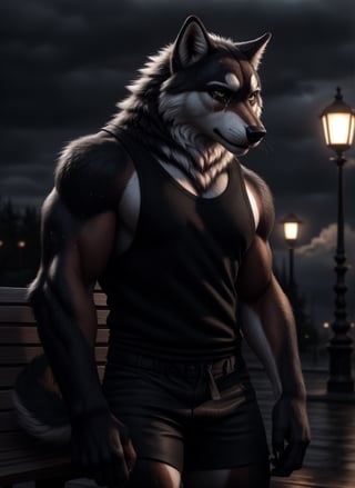 sad, depressed, realistic, anthropomorphic, muscular, anthro wolf with tail, yellow eyes, furry tail furry, (by personalami:0.5), zcik, (soft shading), 4k, hi res, detailed eyes, 8k eyes, eyes focus, colorful eyes, sweat, long tails, muscular, handsome, tails shown, anthro males in the background shown clearly, depressed expression, bruises on arms, standing in front of bench, gripping Glock in hand, suicidal thoughts, rain pouring down, eerie weather, tears from eyes, tank top, shorts, face blush, crying out in rage, 