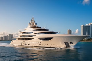 RAW photograph of mega yacht in Miami, cool, asthetic, ,full yacht in frame, full yacht in picture, by lurssen yachts, Dilbar logo, highly detaited, 8k, 1000mp,ultra sharp, master peice, realistic, detailed exterior, 4k body, 4k detailed, beautiful lighting, white exterior