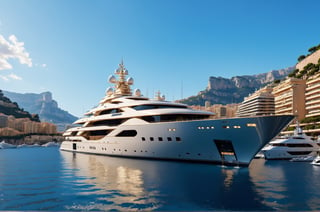 156m long mega yacht docked in monaco marina, cool, full yacht in frame, long yacht, highly detaited, 8k, 1000mp, ultra sharp, master peice, realistic, detailed exterior, 4k body, 4k detailed, beautiful skyline scenery, realism, realistic yacht, 