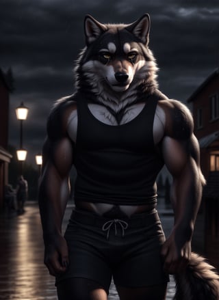 sad, depressed, realistic, anthropomorphic, muscular, anthro wolf with tail, yellow eyes, furry tail furry, (by personalami:0.5), zcik, (soft shading), 4k, hi res, detailed eyes, 8k eyes, eyes focus, colorful eyes, sweat, long tails, muscular, handsome, tails shown, anthro males in the background shown clearly, depressed expression, bruises on arms, standing in front of bench, gripping Glock in hand, suicidal thoughts, rain pouring down, eerie weather, tears from eyes, tank top, shorts, face blush, crying out in rage, 