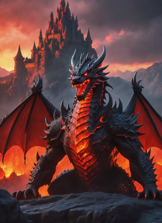 fearsome demon dragon, hellish background with castle in sight, cool, red glowing eyes (masterpiece), (extremely complex: 1.3), lava flowing from castle, highly detaited, 8k, 1000mp, ultra sharp, realistic, detailed body, 4k body, 4k detailed, beautiful lighting,