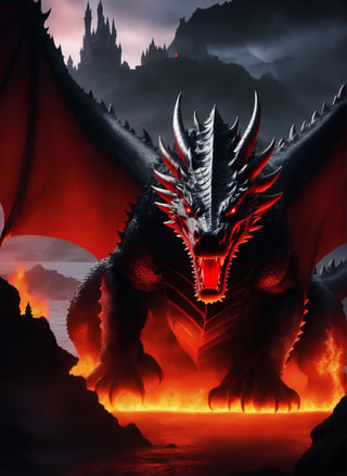  photograph of fearsome dragon, hellish background with castle in sight, cool, asthetic, ,full dragon in frame, full dragon in picture, red glowing eyes, dark setting, lava flowing from castle, highly detaited, 8k, 1000mp,ultra sharp, master peice, realistic, detailed body, 4k body, 4k detailed, beautiful lighting,