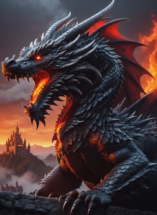 fearsome dragon, kneeling over castle 1:3, breathing fire from mouth, hellish background with castle in sight, cool, asthetic, full dragon in frame, full dragon in picture, red glowing eyes (masterpiece), (extremely complex: 1.3), dark setting, lava flowing from castle, highly detaited, 8k, 1000mp, ultra sharp, master peice, realistic, detailed body, 4k body, 4k detailed, beautiful lighting,
