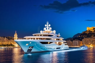 masterpiece, best quality, Wide angle product ultra detailed photo of a 156 meter super yacht in monaco. The yacht is ultra realistic. the weather is overcast, perfect simetry, ultra shaper, 35mm photography, professional, 8k, highly detailed, extremely realistic., Movie still, night time, blue led yacht lights, 3 levels only, helipad on back deck with helicopter shown static 