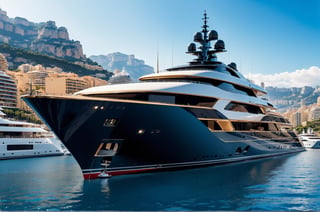  photograph of 512 feet long mega yacht in monaco marina, cool, full yacht in frame, long yacht, highly detaited, 8k, 1000mp, ultra sharp, master peice, realistic, detailed exterior, 4k body, 4k detailed, beautiful skyline scenery, realism, realistic yacht, 