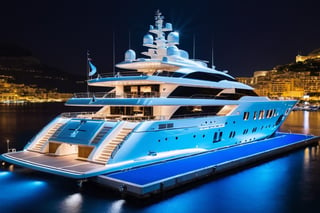 masterpiece, best quality, Wide angle product ultra detailed photo of a 156 meter super yacht docked in monaco . The yacht is ultra realistic. the weather is overcast, perfect simetry, ultra shaper, 35mm photography, professional, 8k, highly detailed, extremely realistic., Movie still, night time, blue led yacht lights in water, 3 levels only, helipad with helicopter shown static 