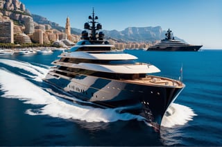  photograph of 512 feet long mega yacht in monaco marina, cool, full yacht in frame, long yacht, highly detaited, 8k, 1000mp, ultra sharp, master peice, realistic, detailed exterior, 4k body, 4k detailed, beautiful skyline scenery, realism, realistic yacht, 