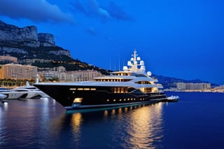 masterpiece, best quality, Wide angle product ultra detailed photo of a 156 meter super yacht docked in monaco . The yacht is ultra realistic. the weather is overcast, perfect simetry, ultra shaper, 35mm photography, professional, 8k, highly detailed, extremely realistic., Movie still, night time, blue led yacht lights in water, 3 levels only, helipad with helicopter shown static 