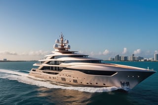 RAW photograph of mega yacht in Miami, cool, asthetic, ,full yacht in frame, full yacht in picture, highly detaited, 8k, 1000mp,ultra sharp, master peice, realistic, detailed exterior, 4k body, 4k detailed, beautiful lighting, 