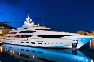 masterpiece, best quality, Wide angle product ultra detailed photo of a 156 meter super yacht docked in monaco . The yacht is ultra realistic. the weather is overcast, perfect simetry, ultra shaper, 35mm photography, professional, 8k, highly detailed, extremely realistic., Movie still, night time, blue led yacht lights in water, 3 levels only, helipad with helicopter shown static 