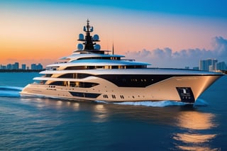 RAW photograph of mega yacht in Miami, cool, asthetic, ,full yacht in frame, full yacht in picture, by lurssen yachts, Dilbar logo, highly detaited, 8k, 1000mp,ultra sharp, master peice, realistic, detailed exterior, 4k body, 4k detailed, beautiful lighting, 