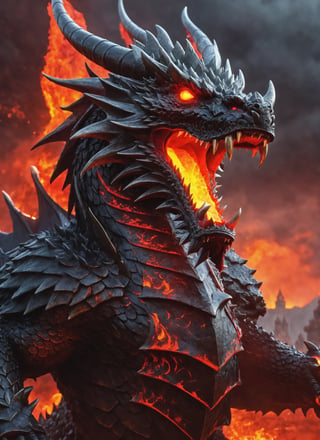 fearsome dragon, (breathing fire from mouth), hellish background with castle in sight, cool, red glowing eyes (masterpiece), (extremely complex: 1.3), lava flowing from castle, highly detaited, 8k, 1000mp, ultra sharp, realistic, detailed body, 4k body, 4k detailed, beautiful lighting,