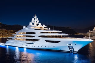 masterpiece, best quality, Wide angle product ultra detailed photo of a 156 meter super yacht docked in monaco . The yacht is ultra realistic. the weather is overcast, perfect simetry, ultra shaper, 35mm photography, professional, 8k, highly detailed, extremely realistic., Movie still, night time, blue led yacht lights in water, 3 levels only, helipad with helicopter shown static ,Extremely Realistic,Movie Still