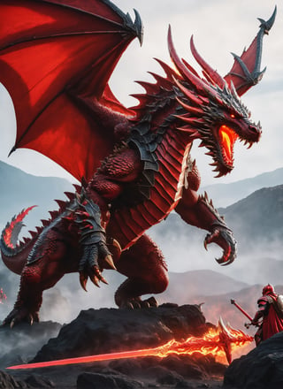 ((giant monstrous 3 headed red dragon vs knight in shining armor)), movie scene, knight fighting dragon, lava, flaming tail, lava sputtering from ground, cool, red glowing eyes (masterpiece), (extremely complex: 1.3), highly detaited, 8k, 1000mp, ultra sharp, realistic, detailed body, 4k body, 4k detailed, beautiful lighting, (fully body in frame), castle,
