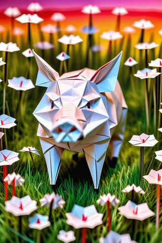 An intricately folded origami pig, its delicate features crafted from white paper, stands amidst a vibrant meadow.