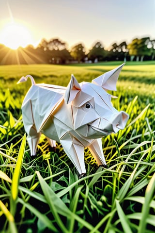 A close-up shows an all-white origami pig standing with its feet on lush green grass, the soft golden light of the setting sun casting a warm glow behind it. The surrounding green grass is swaying gently in the breeze..