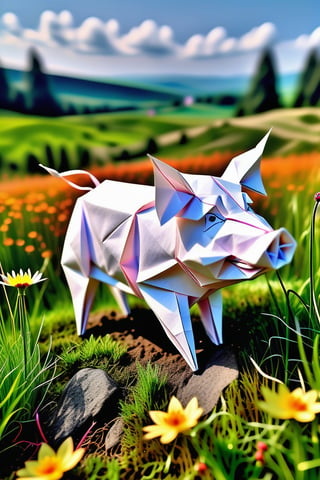 An intricately folded origami pig, its delicate features crafted from white paper, stands amidst a vibrant meadow.