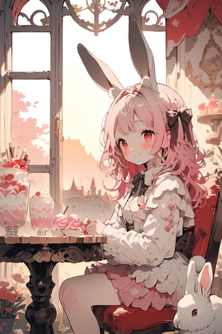 //quality, (masterpiece:1.4), (detailed), ((,best quality,)),//, illustration,1girl,solo, rabbit_girl,cute ,//, (white rabbit_ears:1.3), (rabbit_tail:1.2),(pink hair:1.3),long_hair,curly_hair,hair_ribbons,ribbons,beautiful detailed eyes, (red eyes),breasts,//,fashion,//,blush,:), smile,//,sitting,(rabbits:1.3),(hugging a cute rabbit:1.3),//, scenery,table,chair,candies,candy shop, window,pink tone,sunset, (straight-on:1.3),//,emo,cute knight