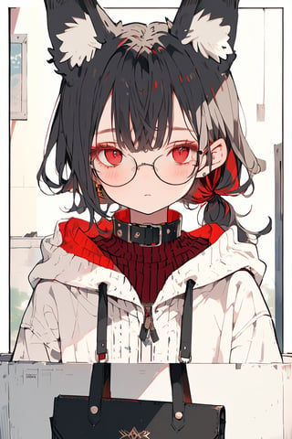 //quality, (masterpiece:1.331), (detailed), ((,best quality,)),//, comic,/,1girl,solo,cute,loli,//,(black fox ears:1.331),animal ear fluff,hairstyle, (black hair:1.21),(red hair1.1),(colored inner hair:1.331),(short ponytail:1.1),sidelocks,detailed eyes, ((red eyes:1.3)),(bags_under_eyes:1.4),(glasses:1.3),(,flat_breasts,)//,fashion,hood,cat_collar,//, sleepy,//,looking_at_camera,upper_body,(straight-on:1.331),//,emo,cute knight