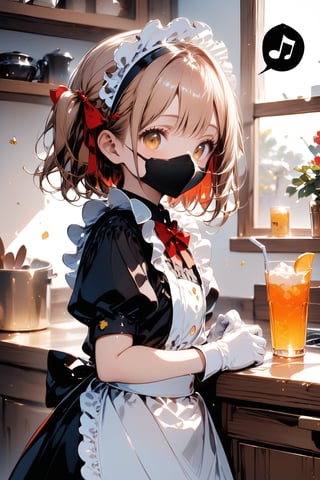 //quality, masterpiece:1.4, detailed:1.4, best quality:1.4,//,1girl,solo,loli,//,yellow hair,two_side_up,short_hair,drill_hair, detailed eyes,yellow eyes,//,bee_wings,((black face masked)),bow,maid headband,white maid_costume,black clover symbols,(white gloves),//,(speech_balloon),(musical_note),(spoken_musical_note),//,from_side,drinks,indoors, kitchen,Deformed,Details,Detailed Masterpiece